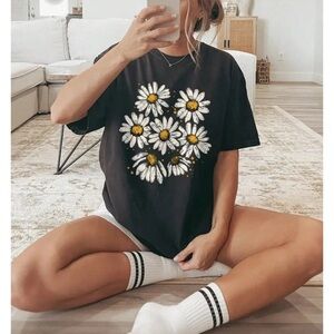 Black T-Shirt with Daisy Print